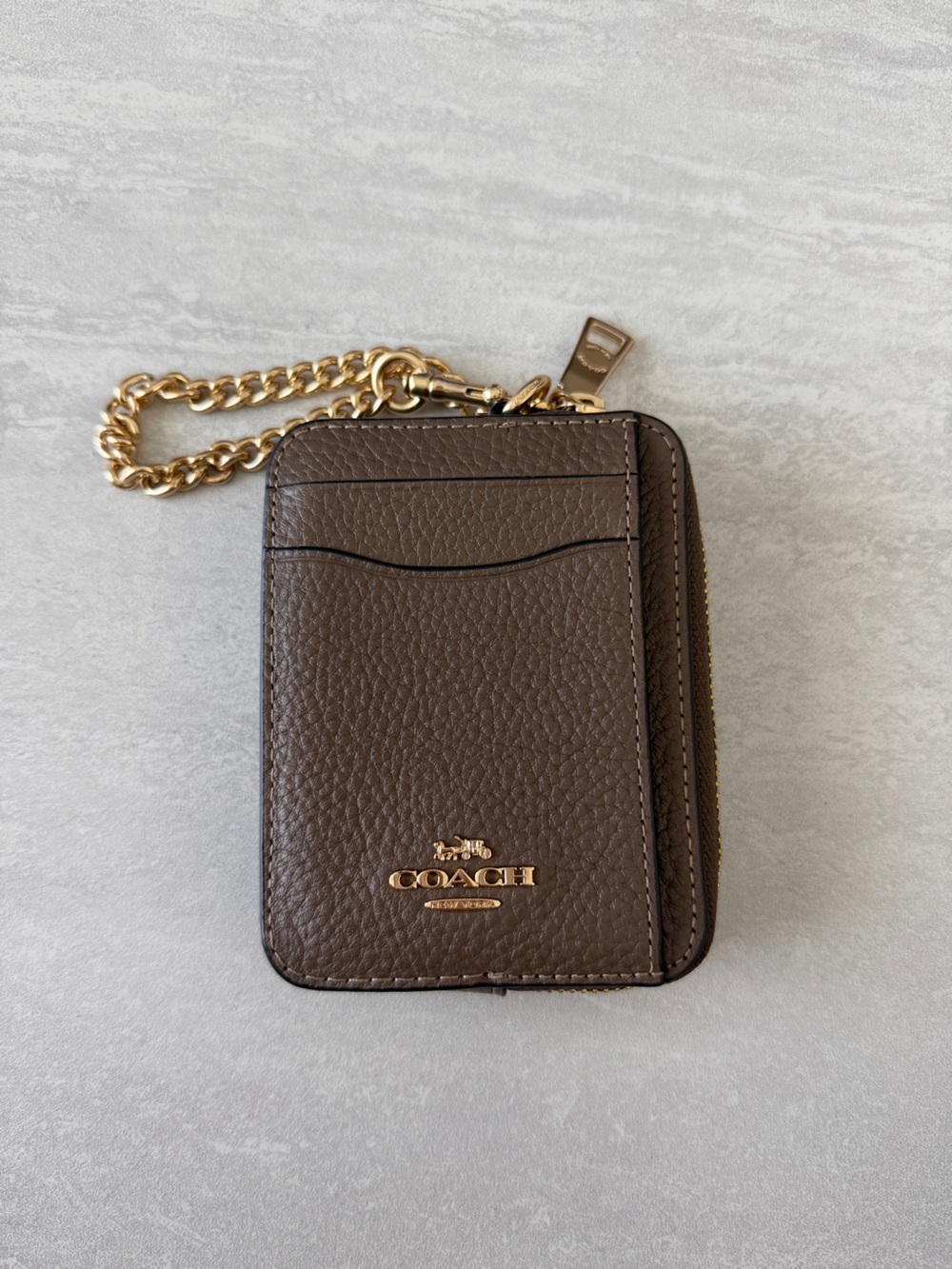 Coach Essential Chain Card Case Brown Pebbled Brown Leather